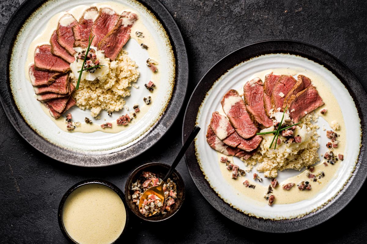 Beef fillet on a bed of caramelized cauliflower couscous - Recipes | fooby.ch