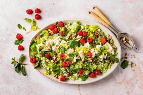 Pearl couscous with raspberries and feta