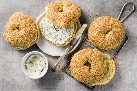 Sesame bagel with wild garlic cream cheese 