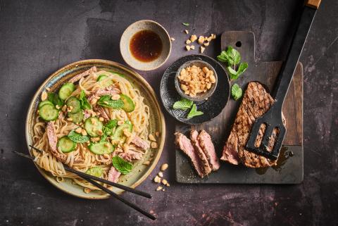 Grilled beef and noodle salad