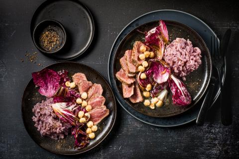 Entrecôte with red wine risotto