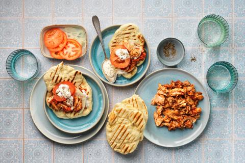 Fish kebabs with naan bread