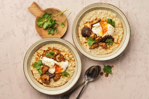 Porridge with poached egg and mushrooms