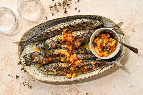 Grilled mackerel with apricot salsa