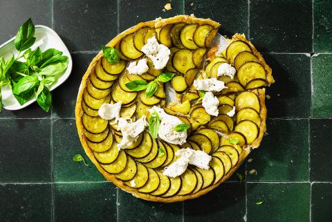 Courgette tarte tatin with burrata