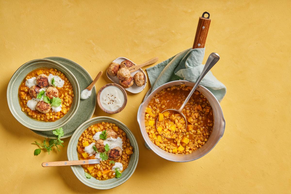 Squash and lentil stew with meatballs - Recipes | fooby.ch