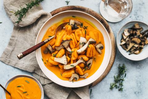 Squash gnocchi with squash cream and mushrooms