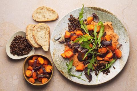 Walnut dip with lentil salad