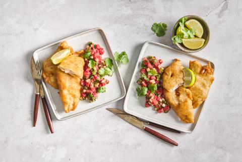 Crispy fish bites with rhubarb chutney