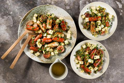 Sausage & cheese salad with beer dressing