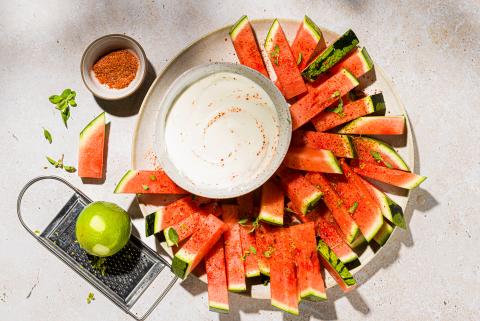 Watermelon sticks with mozzarella dip