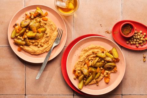 Potatoes on pepper hummus