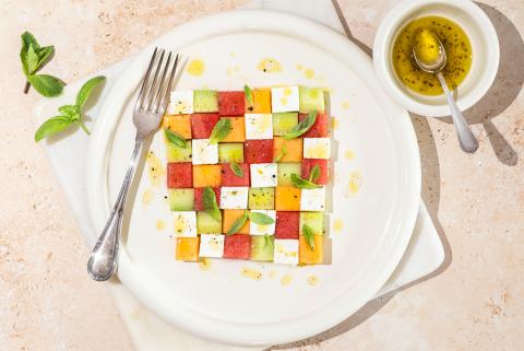 Melon and feta chessboard salad