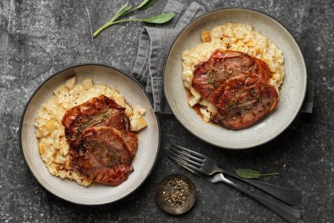 Venison saltimbocca with quince risotto