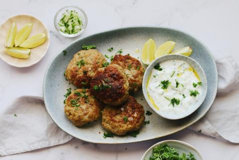 Bifteki (Greek baked beef patties with tzatziki)