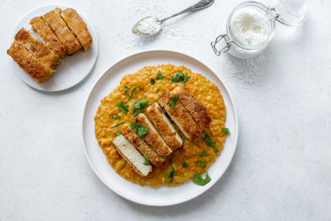 Lemon and coconut tofu with lentil curry