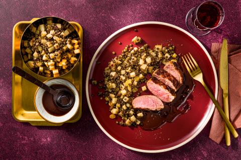 Magrets de canard, céleri et lentilles