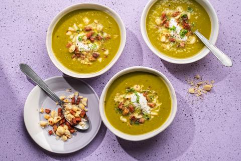 Zuppa di porri arrosto con pancetta vegana