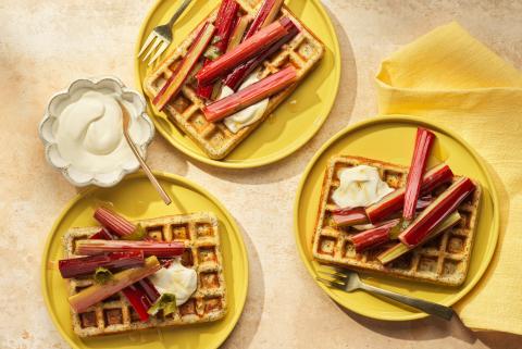Sourdough poppy seed waffles with rhubarb