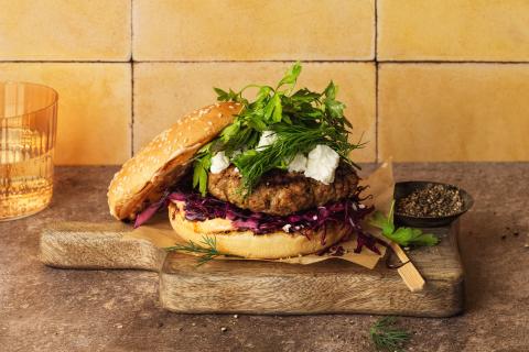Lamb burgers with harissa and red cabbage
