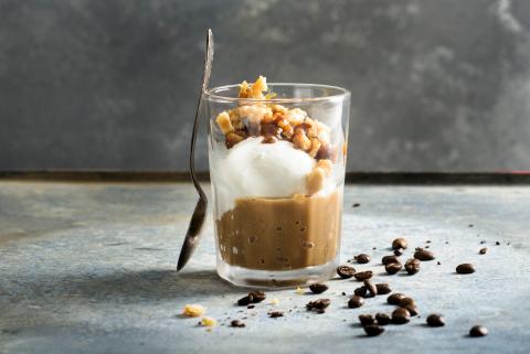 Coffee granita with hot caramelized nuts