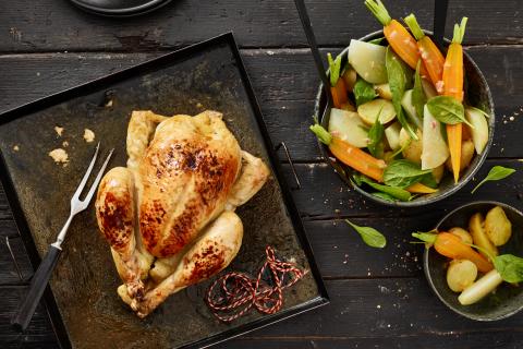Beer roasted chicken with vegetable salad