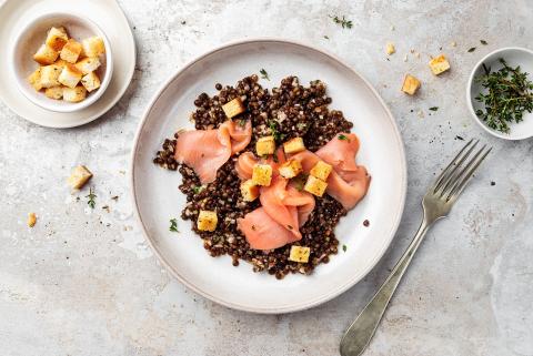 Beluga lentil salad with thyme croutons