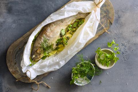 Parchment-baked herbed trout