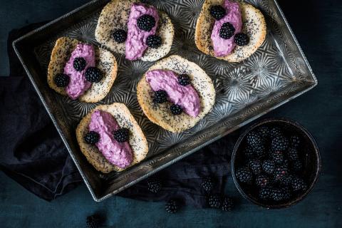 Blackberry mousse on tuile biscuits