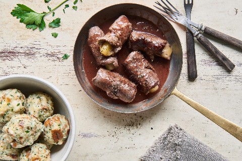 Venison involtini with dumplings