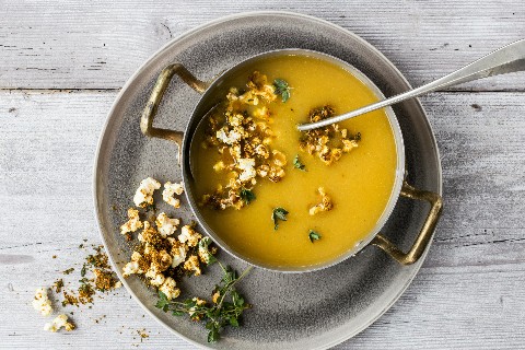 Sweet potato soup with popcorn crumble