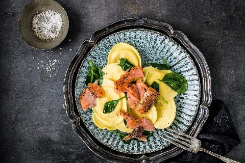 Fiori pasta with salmon and baby spinach