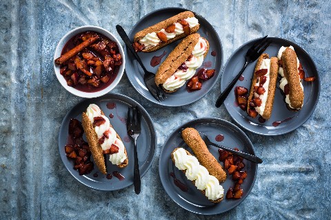 Chocolate and plum eclairs