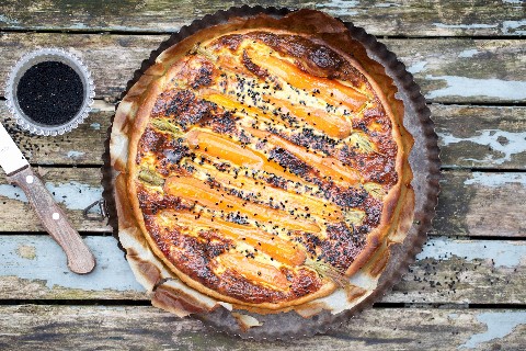 Carrot & honey mustard quiche with sesame seeds