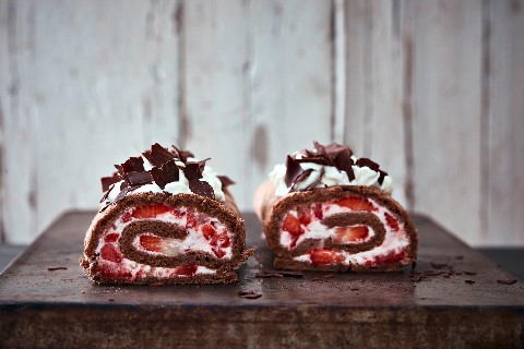 Strawberry and chocolate roulade