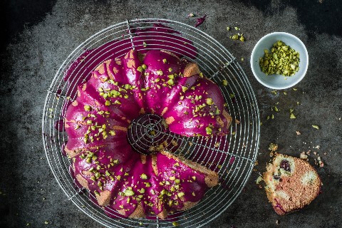 Pistachio and beetroot Gugelhopf