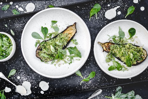 Baked aubergine with broccoli & kohlrabi rice