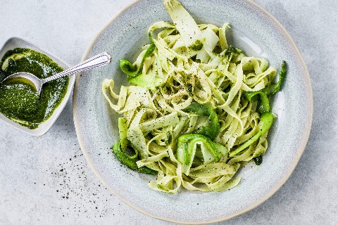 Asparagus tagliatelle with wild garlic pesto