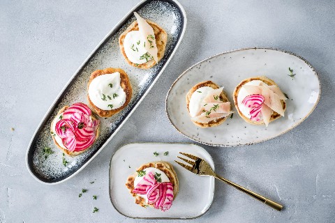Buckwheat blinis with champagne cream cheese