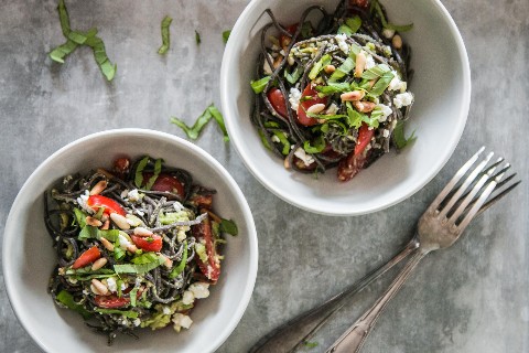 Black bean spaghetti with avocado pesto