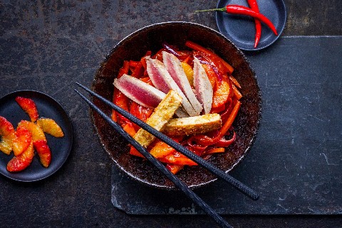 Yellowfin tuna with sweet and sour blood orange sauce