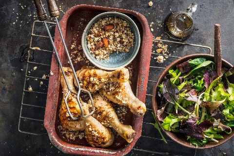 Chicken with smoked almond-feta crumbs