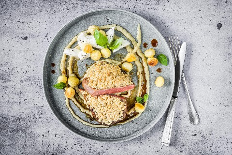 Limousin sirloin with a pine nut crumb
