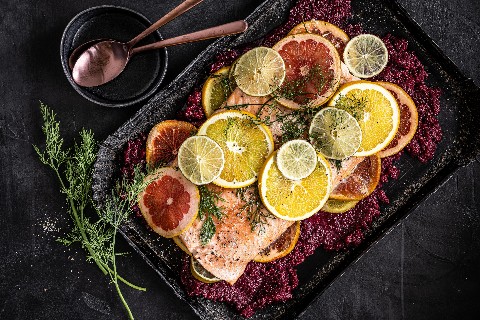Citrus salmon with beetroot puree