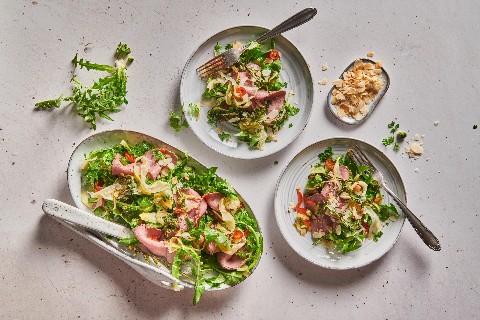 Dandelions salad with roast beef