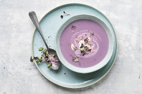 Blue potato soup