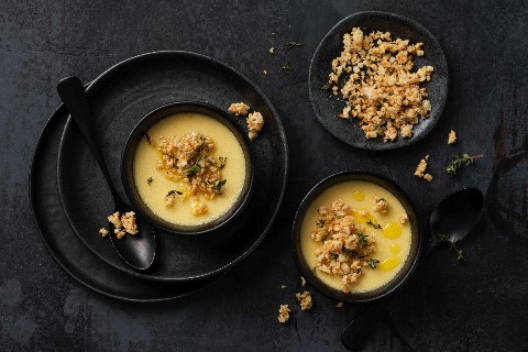 Lemon and thyme flans with olive oil and almond brittle