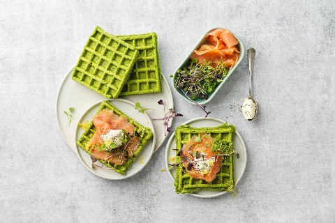 Wild garlic waffles with salmon