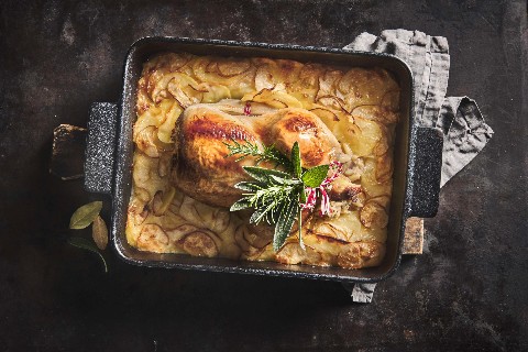Ginger Ale-Poulet auf Birnen-Kartoffelgratin