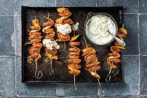 Cervelat and courgette skewers